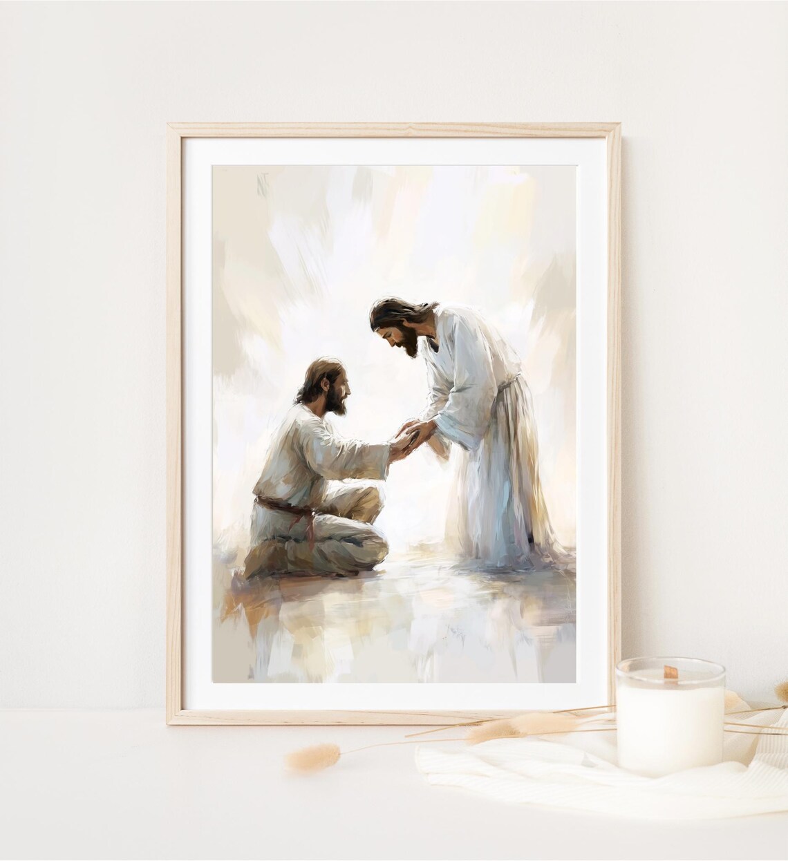 Jesus Reaching To Kneeling Man Healing Touch Soft Watercolor Faith Poster - Image 4