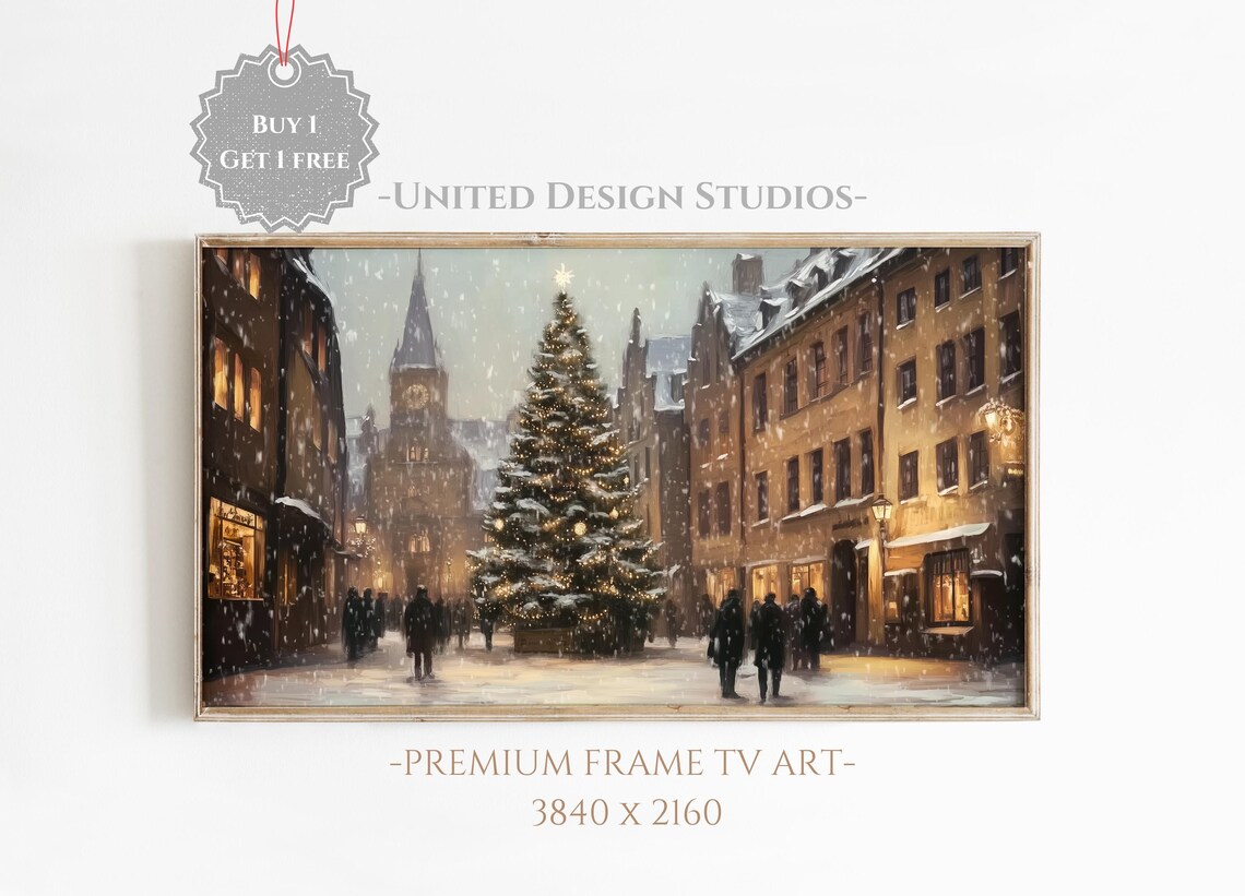 Snowy Christmas City Street Tree Night Lights Painting Poster