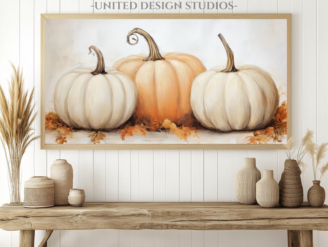 Autumn Pumpkin Trio Orange and White Farmhouse Fall Frame TV Art Poster - Image 2