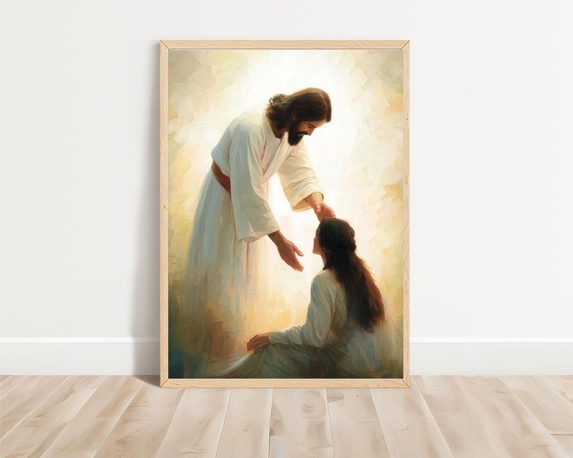Jesus Blessing Kneeling Woman Glowing Light Christian Healing Poster - Image 3