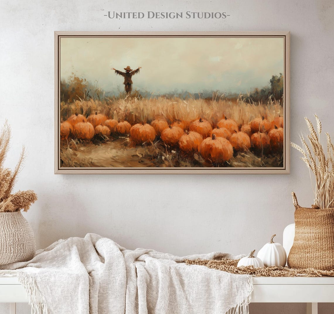 Pumpkin Patch Scarecrow Dusk Harvest Field Fall Oil Painting Poster - Image 4