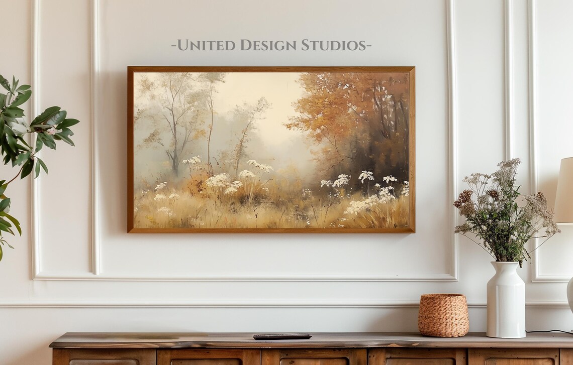 Misty Autumn Forest White Wildflowers Warm Amber Painting Poster - Image 3