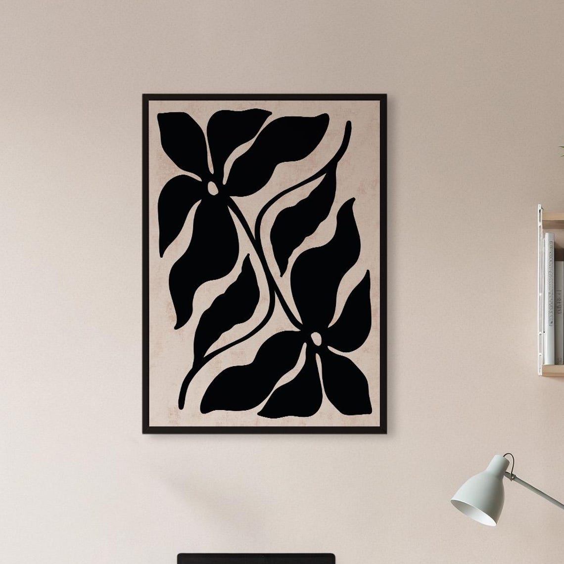 Black Monochrome Leaf and Flower Silhouette Minimal Art Poster