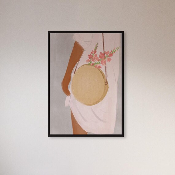 Framed Woman With Round Bag Wall Art Print Minimal Feminine Poster In White And Beige Summer Fashion Decor Gift For Stylish Room