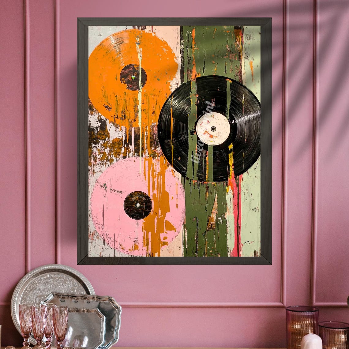 Orange Pink And Black Vinyl Records Painting With Paint Drips Poster