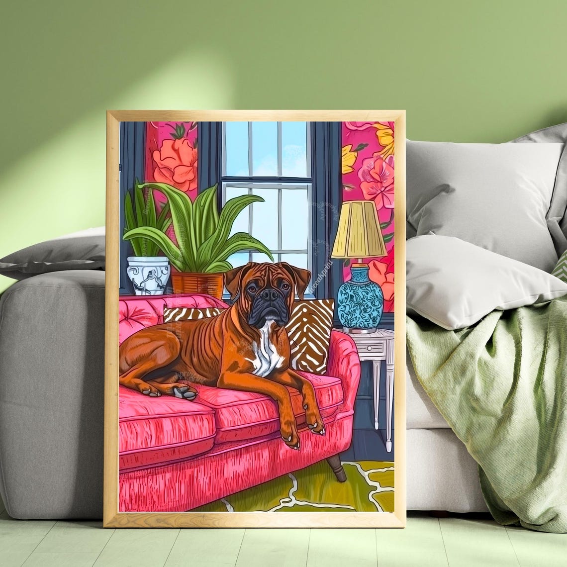 Boxer Dog Lounging On Pink Velvet Couch In Maximalist Room Poster - Image 3