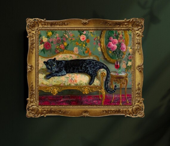 Black Leopard Lounging On Gold Sofa In Floral Wallpaper Room Poster