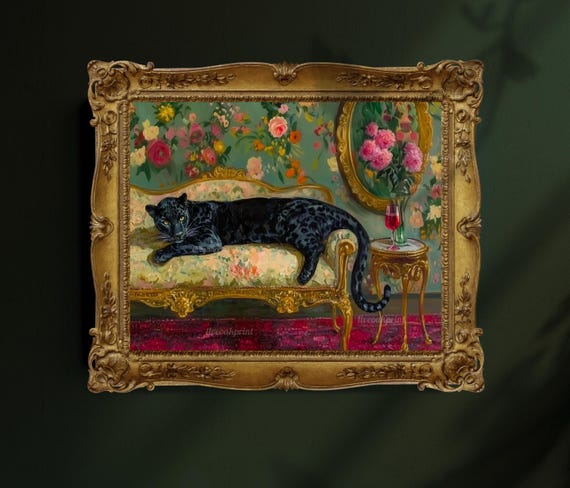 Moody Jewel Tone Leopard And Wine Glass Print Emerald Green Ruby Red Vintage Maximalist Art Dark Academia Decor Over Couch Art