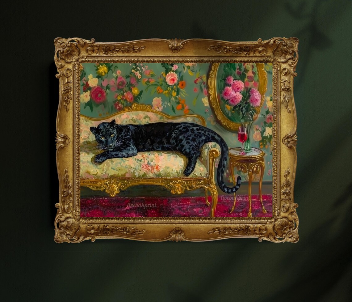 Black Leopard Lounging On Gold Sofa In Floral Wallpaper Room Poster