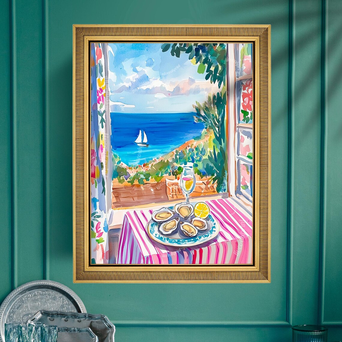 Coastal Oyster and Wine Glass Window View Watercolor Art Poster
