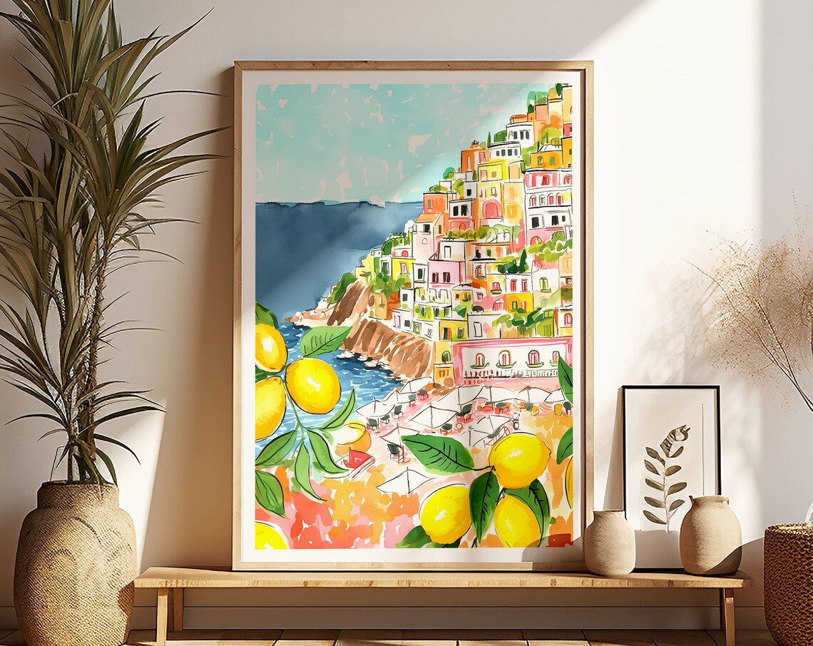 Positano Italy Lemons Watercolor Travel Poster