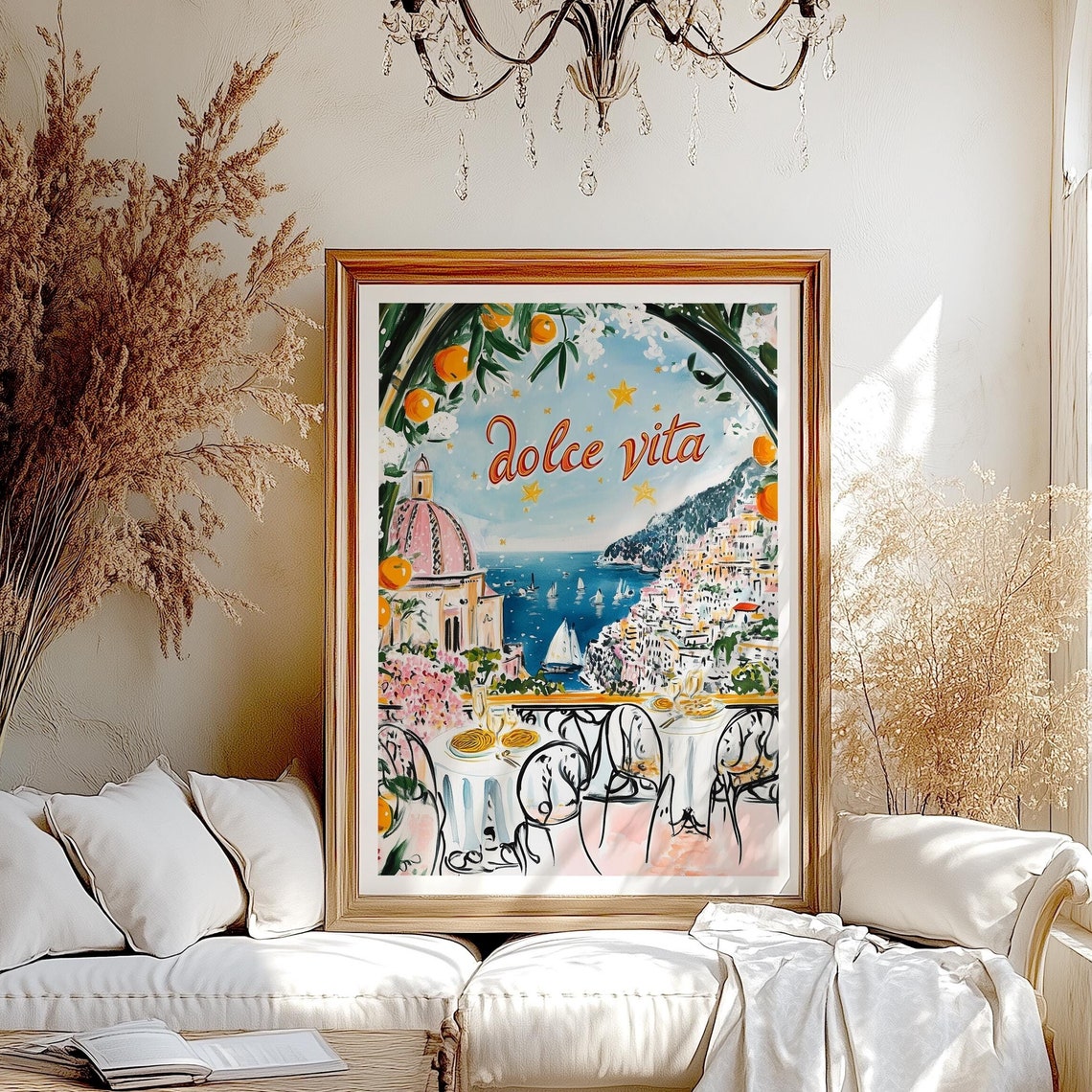 Dolce Vita Amalfi Coast Café Terrace Oranges Watercolor Poster