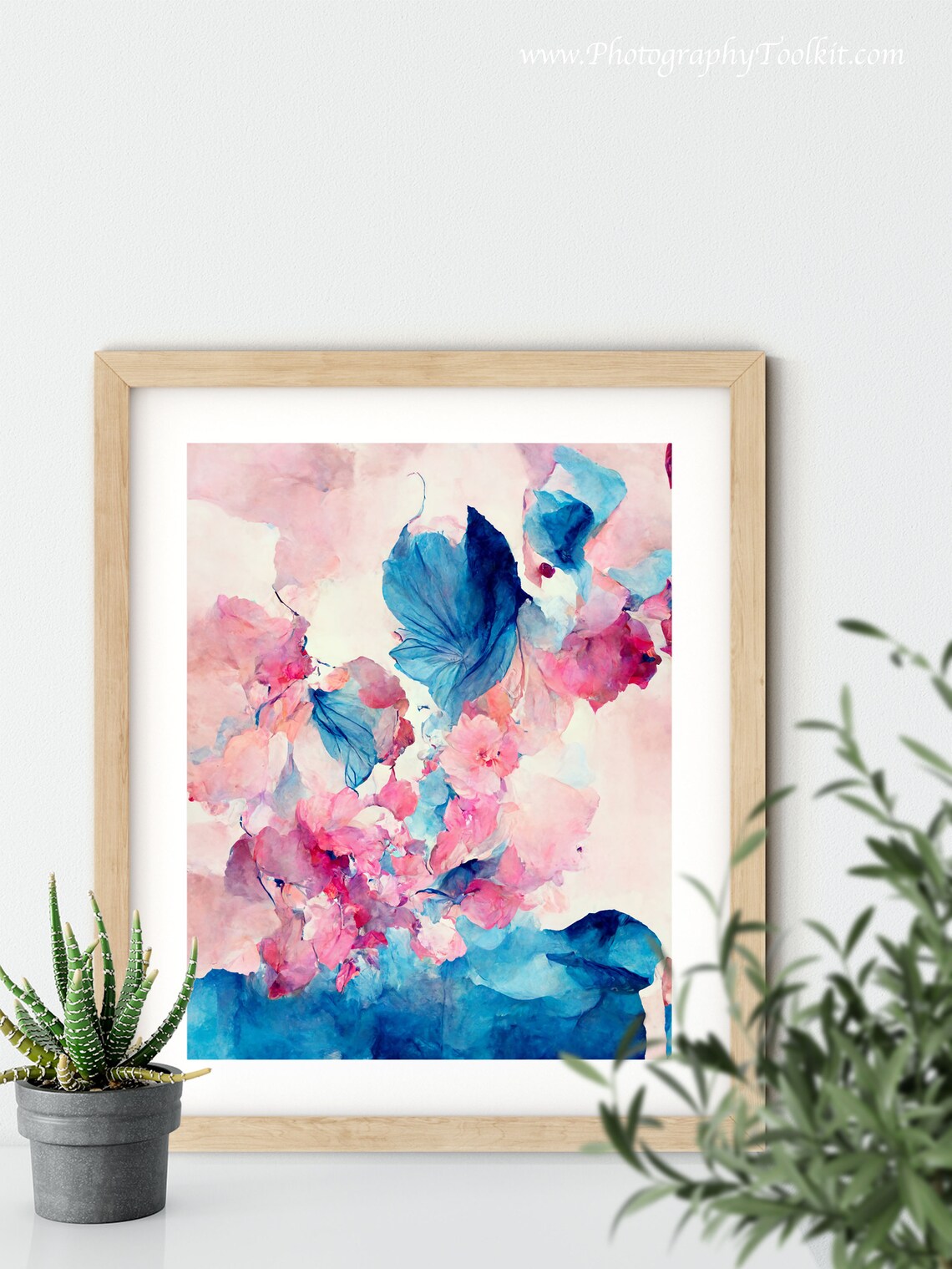 Pink Blossom Abstract Blue Ink Wash Watercolor Dreamy Floral Poster - Image 5