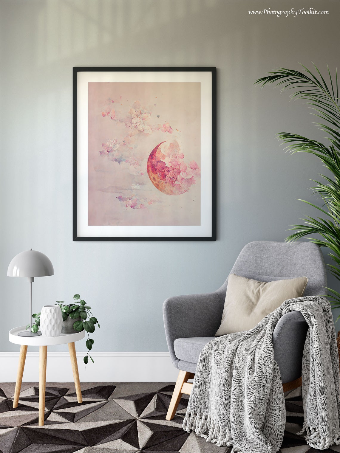 Pink Crescent Moon Blossom Clouds Soft Dreamy Watercolor Print - Image 6