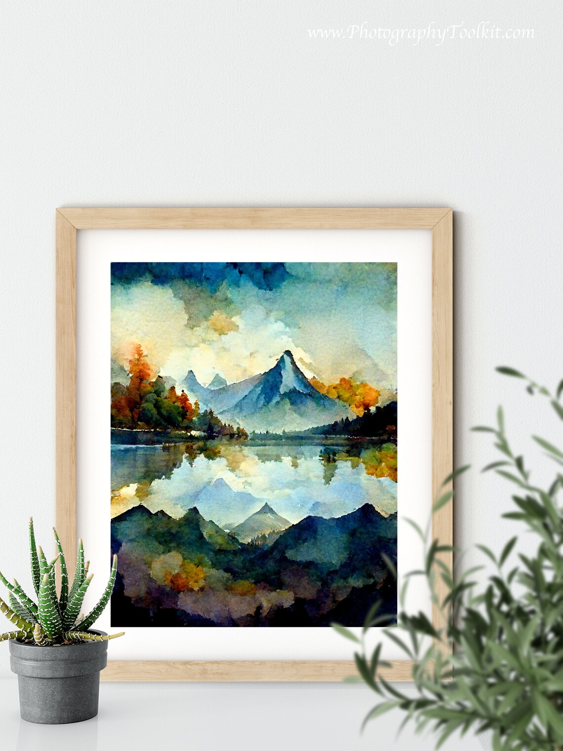 Mountain Peaks Mirrored in a Still Lake Watercolor Landscape Poster - Image 5