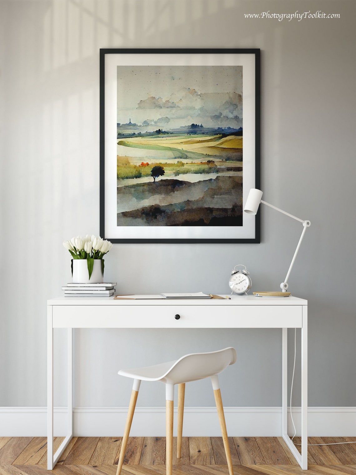 Quiet Fields Lone Tree Muted Sky Watercolor Landscape Poster - Image 2