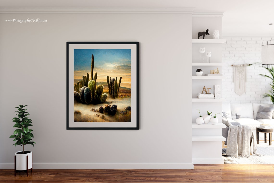 Western Desert Cacti Sunset Wall Art Prickly Pear Golden Sky Landscape - Image 4