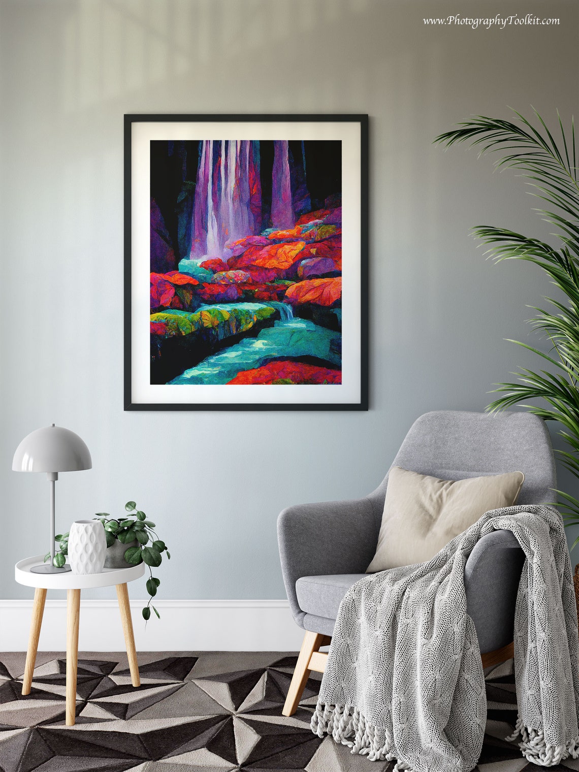 Neon Waterfall Over Colorful Rocks in Bold Abstract Painting Poster - Image 6