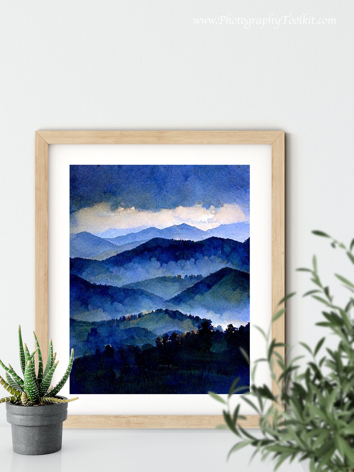 Misty Mountains Blue Watercolor Fog Layers Over Dark Peaks Art Poster - Image 5