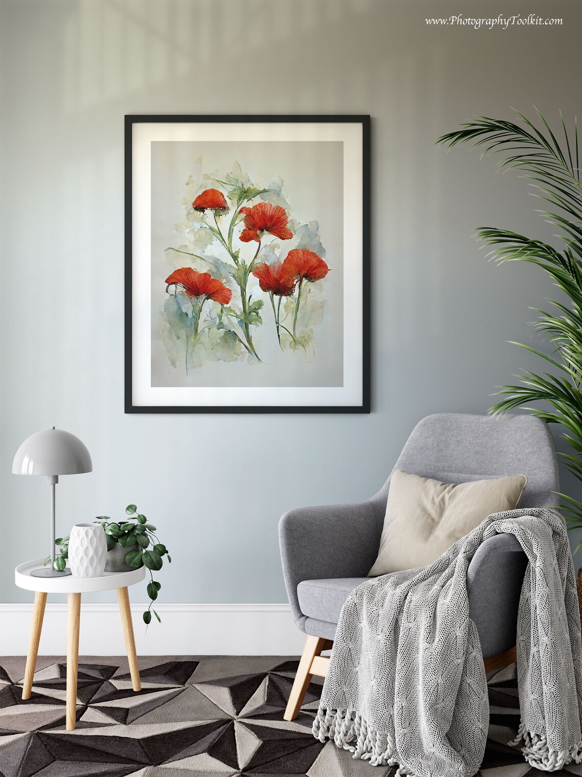 Red Poppy Blooms Watercolor Floral Spray Gray Wash Art Poster - Image 6