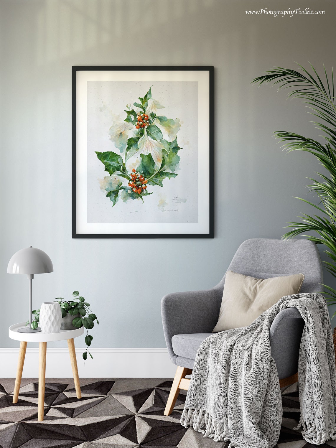 Winter Holly with Orange Berries Watercolor Botanical Art Poster - Image 6