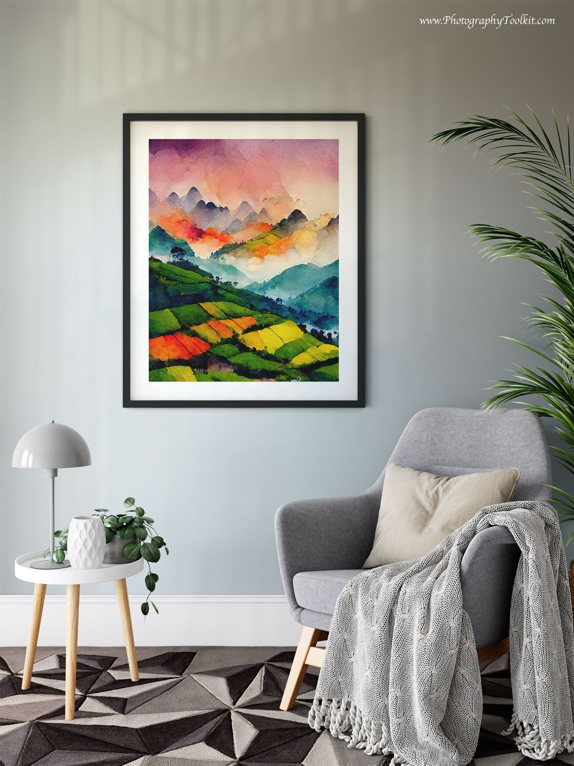 Vietnam Rice Terraces Misty Mountains Watercolor Sunset Poster - Image 6