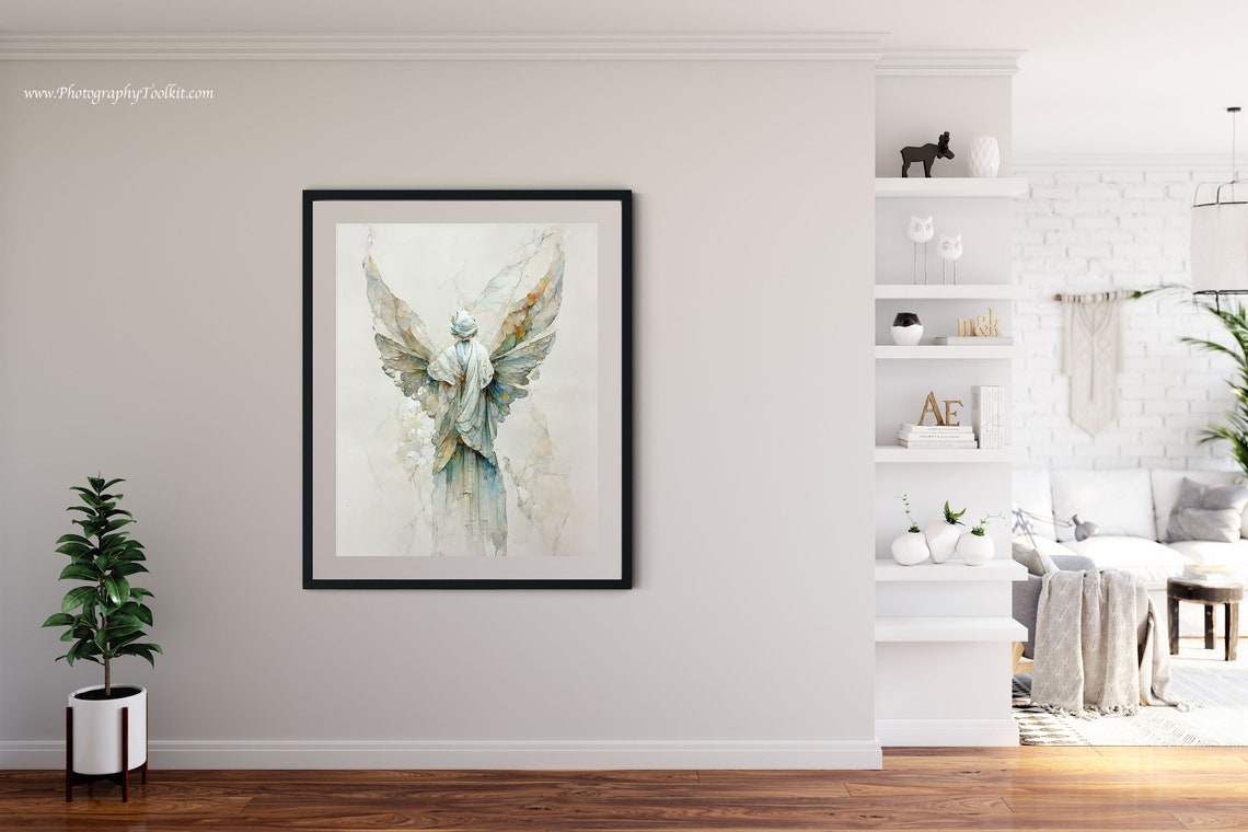 Ethereal Robed Angel with Soft White Wings Watercolor Heavenly Poster - Image 4