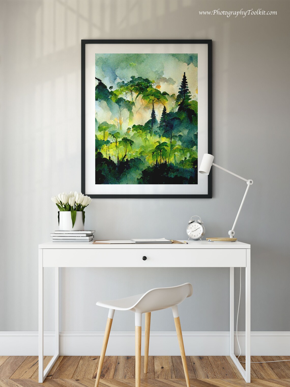 Sunlight Breaking Through a Misty Forest Canopy Watercolor Art Poster - Image 2