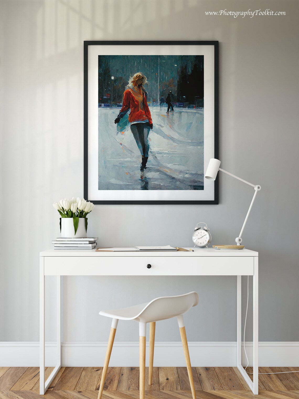 Blonde Woman Ice Skating Under Night City Lights Impressionist Poster - Image 2