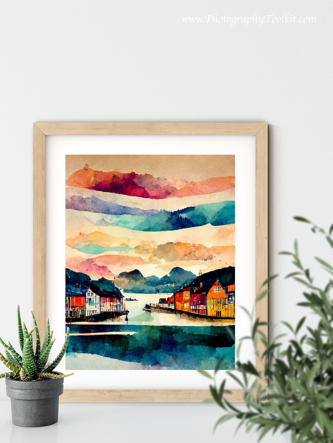 Bergen Norway Bryggen Waterfront Colorful Houses Watercolor Poster - Image 5