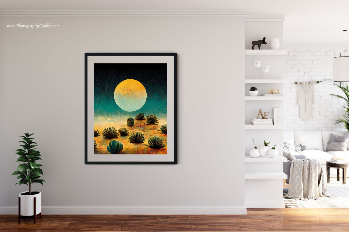 Desert Night Moon Wall Art Giant Yellow Moon Agave Plants Starry Sky - Image 3