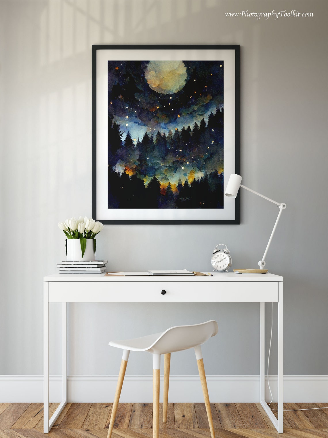 Full Moon Over Pine Forest Night Sky Stars Watercolor Nature Poster - Image 2
