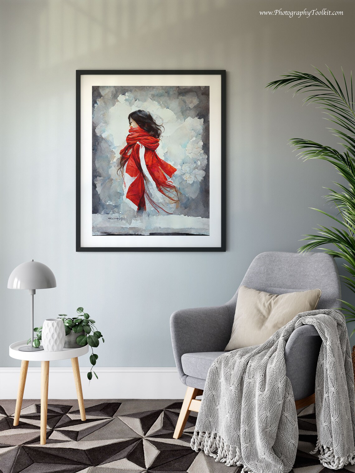 Woman in Red Scarf Winter Watercolor Snowy Evening Portrait Poster - Image 6