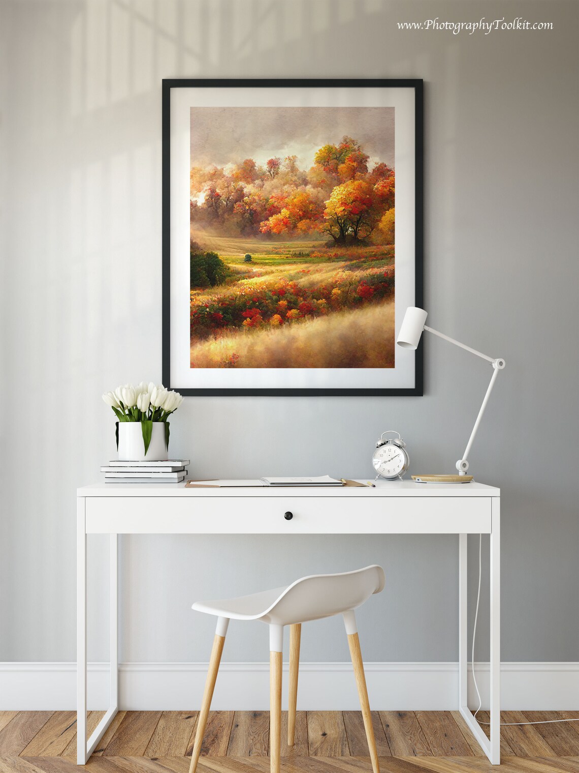 Golden Autumn Meadow Landscape Print Colorful Fall Trees Rolling Hills Art - Image 2