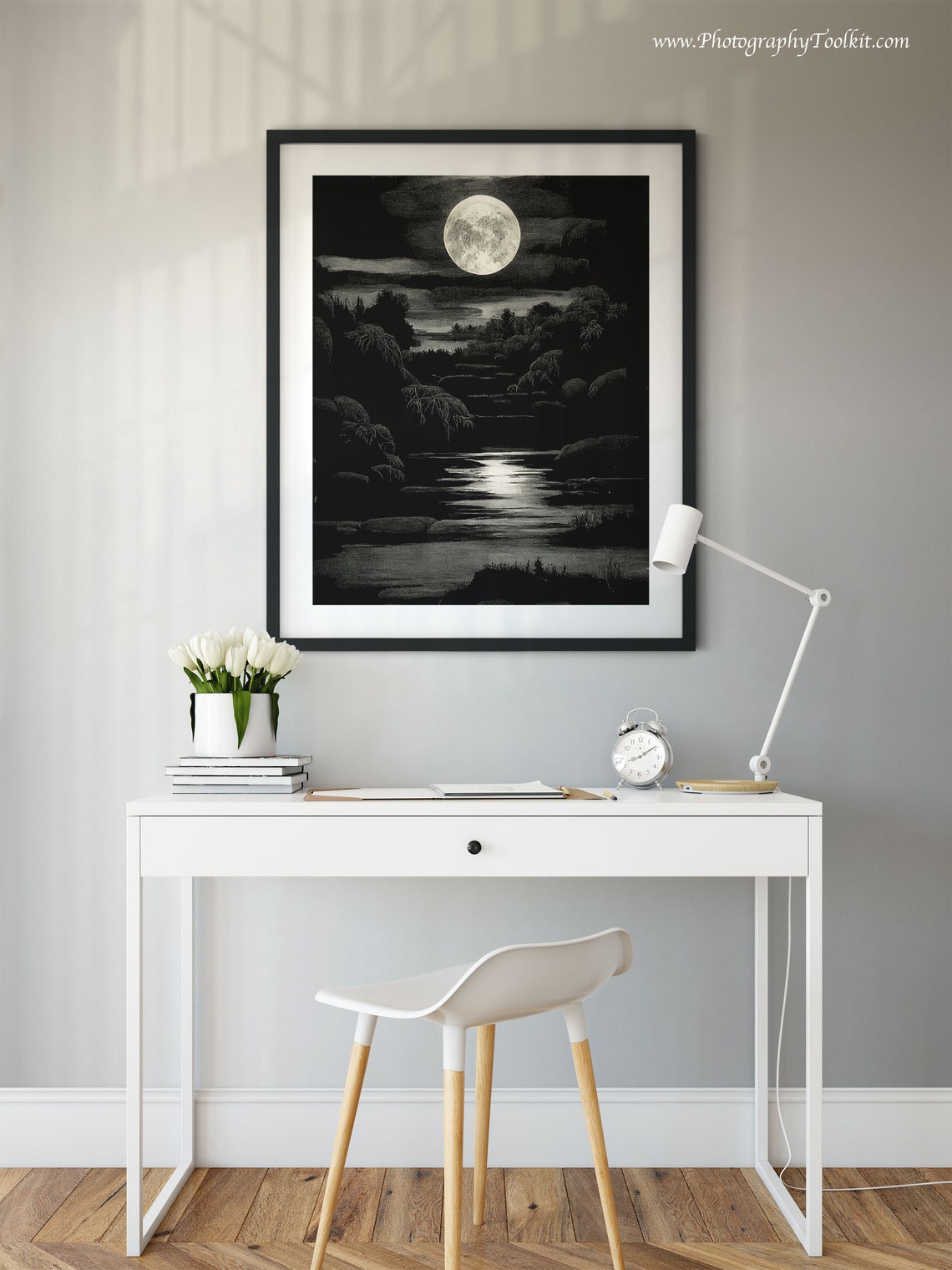 Full Moon Night River Reflection Black and White Moody Landscape Print - Image 2