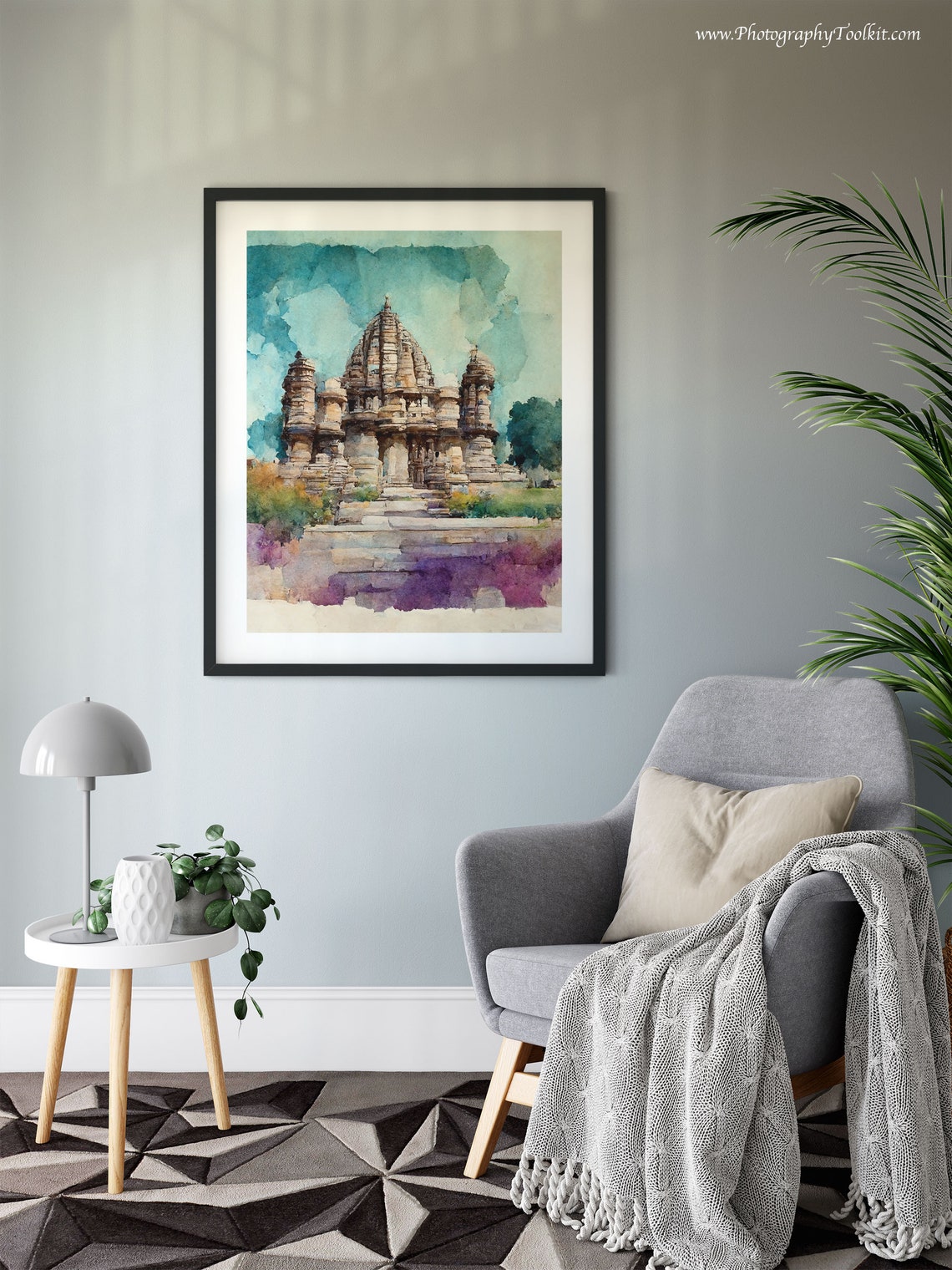 Khajuraho India Ancient Stone Temple Watercolor Teal Sky Poster - Image 6