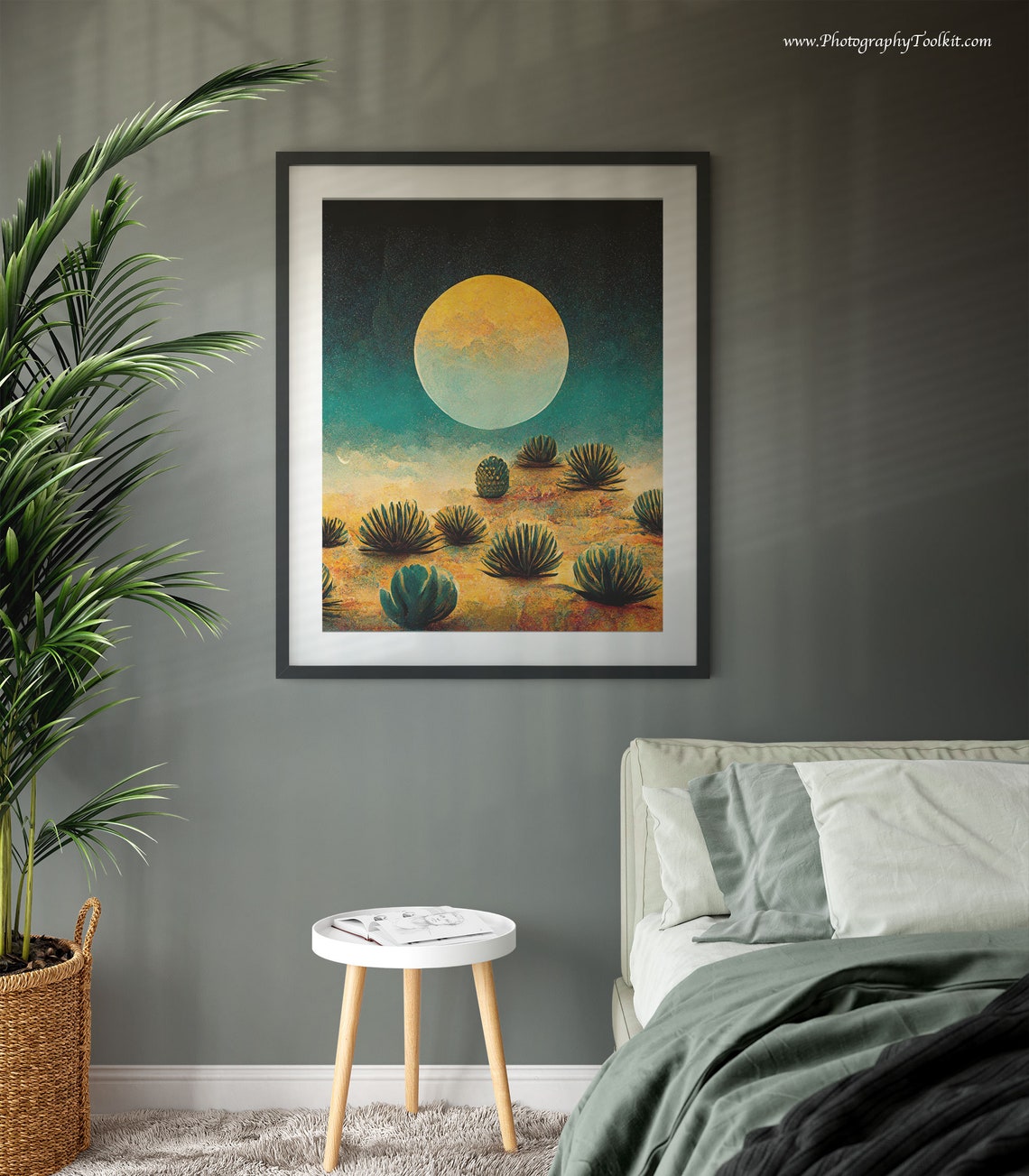 Desert Night Moon Wall Art Giant Yellow Moon Agave Plants Starry Sky - Image 2