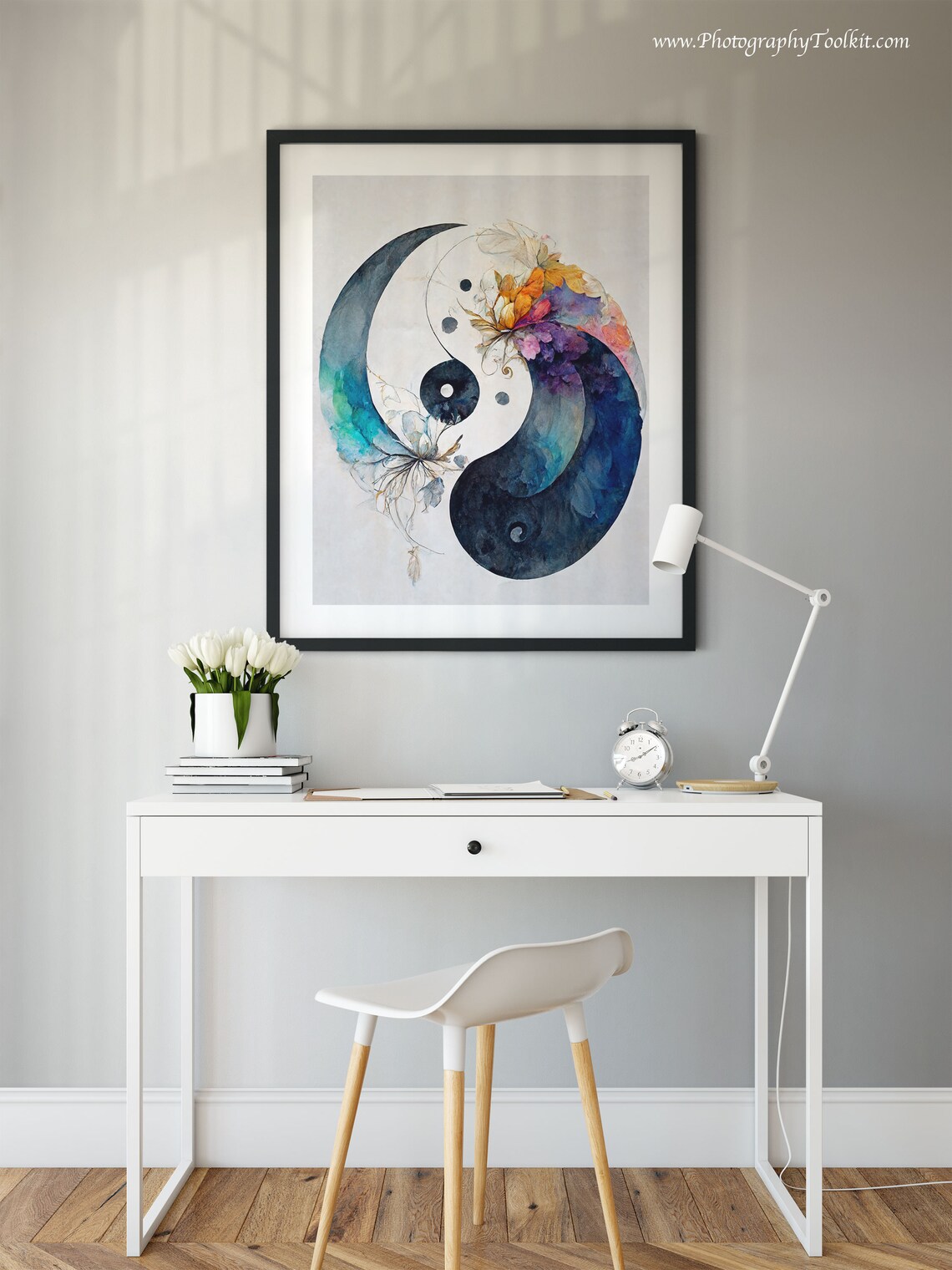 Watercolor Yin Yang Symbol with Autumn Flowers Zen Balance Poster - Image 2
