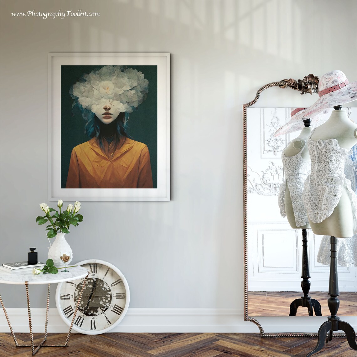 Surreal Woman Portrait with Cloud of White Flowers Dreamy Art Poster