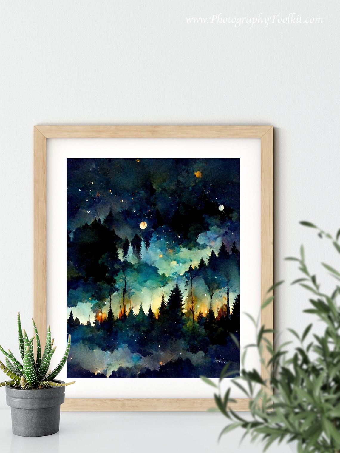 Starry Night Forest Pines Watercolor Glowing Horizon Night Sky Poster - Image 5