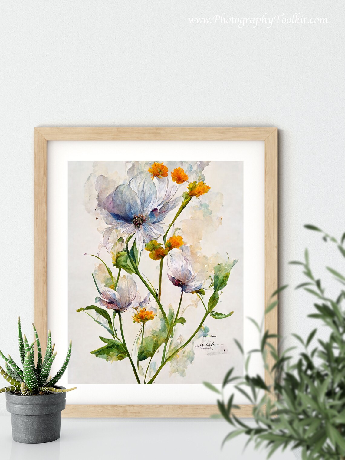 White Wildflowers With Orange Buds Watercolor Floral Art Poster - Image 5
