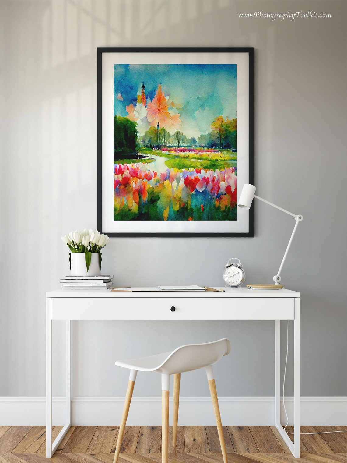 Keukenhof Tulips Dutch Windmill Spring Garden Watercolor Poster - Image 2