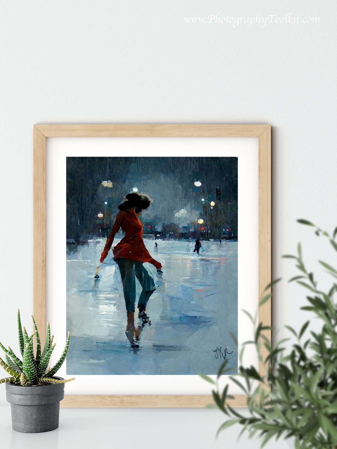 Woman Gliding on a Night Ice Rink Under City Lights Painting Poster - Image 5