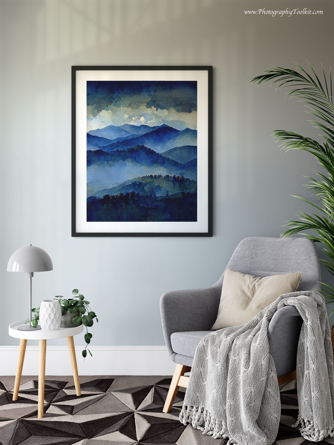 Misty Blue Mountain Range Watercolor Fog Between Peaks Serene Poster - Image 6