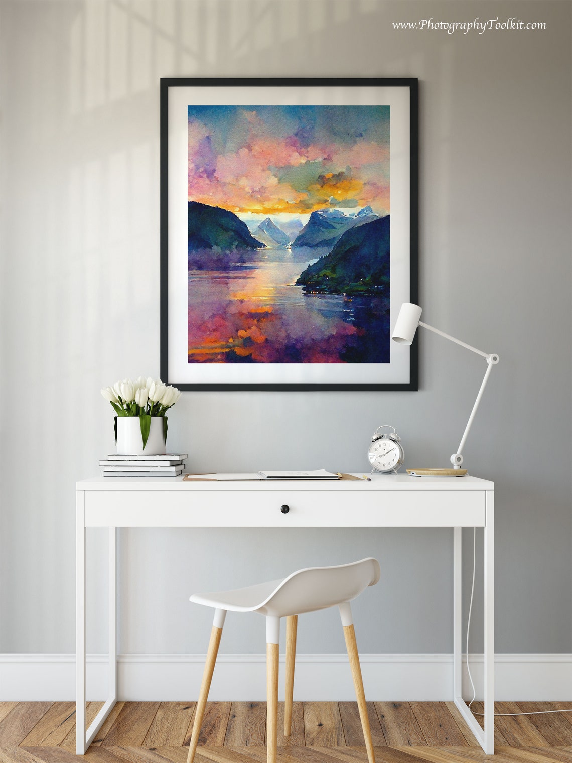 Norwegian Fjord Purple Sunset Mountains Lake Watercolor Poster - Image 2