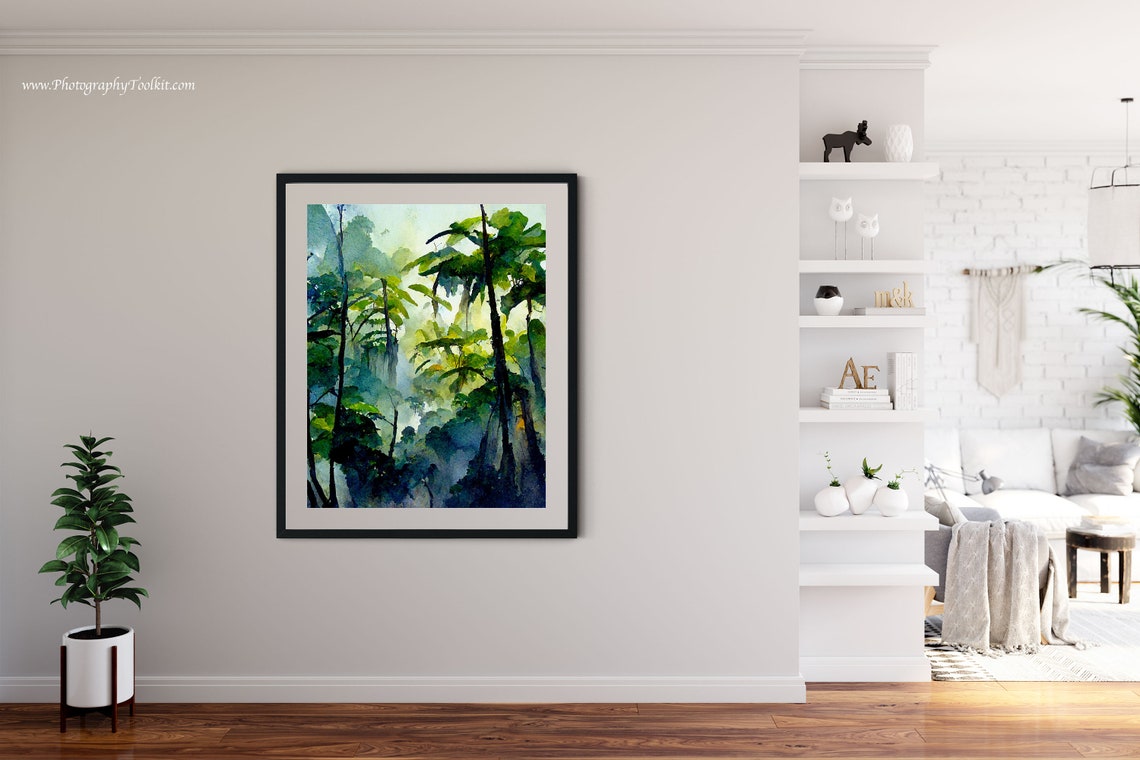 Sunlit Misty Tropical Forest Watercolor Jungle Nature Poster - Image 4