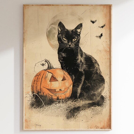 Black Cat Full Moon Jack O Lantern Vintage Halloween Night Art Poster