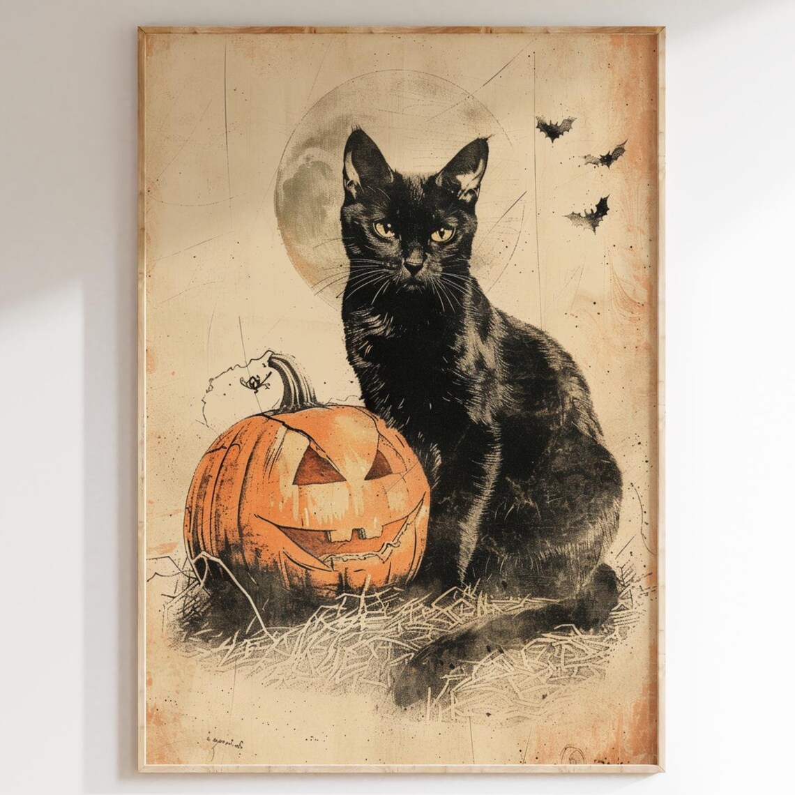 Black Cat Full Moon Jack O Lantern Vintage Halloween Night Art Poster