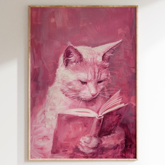 White Cat Reading Open Book Monochrome Pink Painting Cute Book Lover Poster
