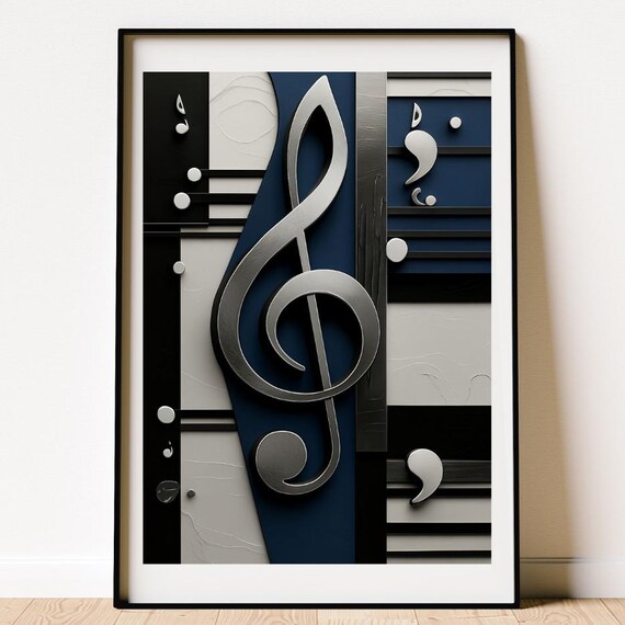 Modern Abstract Music Notes Poster Midcentury Wall Art Bold Geometric Shapes And Musical Symbols Blue Silver Artwork Jazzinspired Decor
